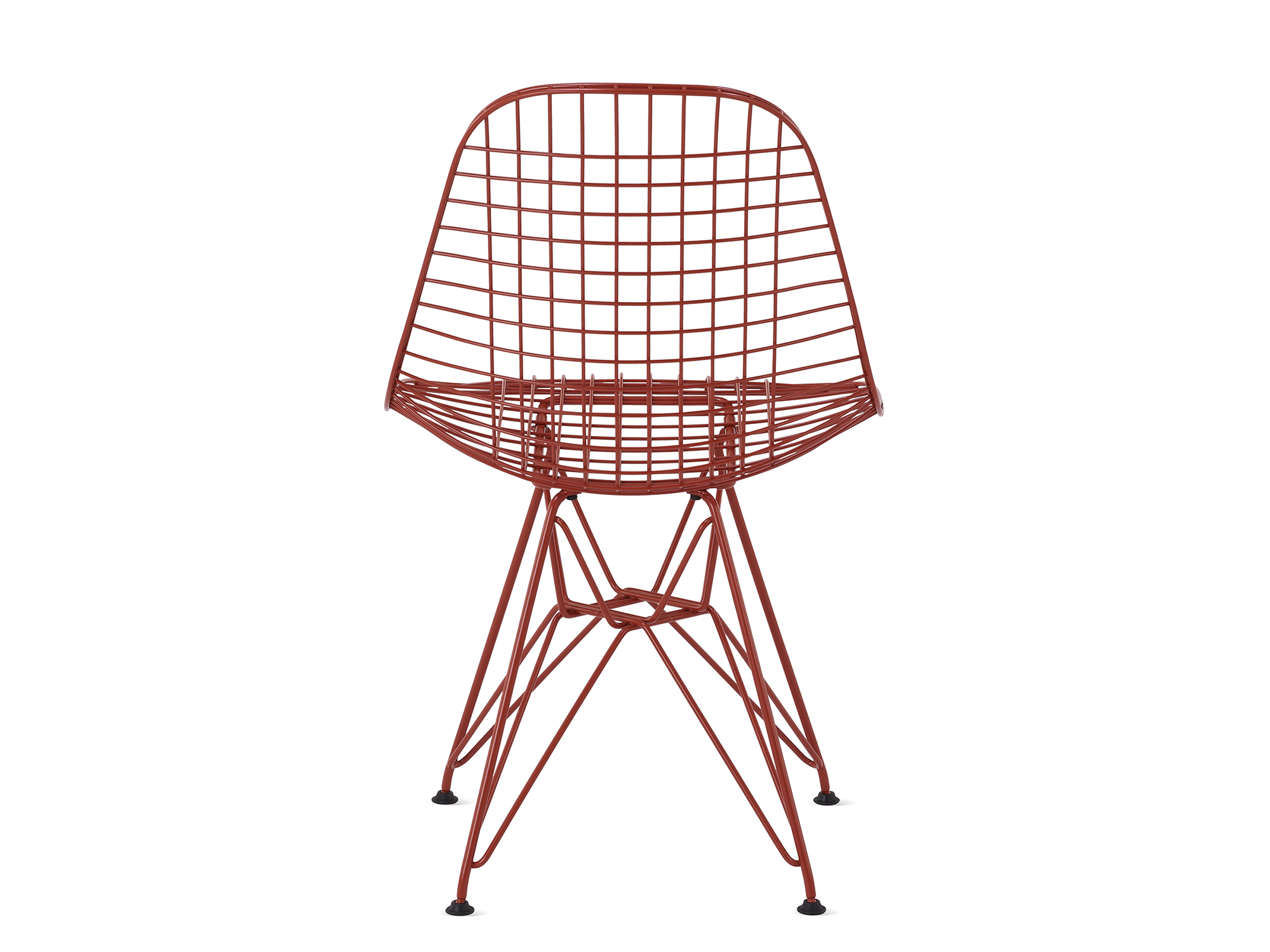 Back view of iron red wire chair with wire base